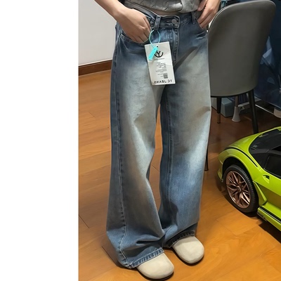 复古蓝阔腿牛仔裤女2025春季新款