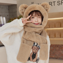 冬天小熊帽子女秋冬三件套冬季 可爱毛绒连帽围巾一体保暖手套围脖