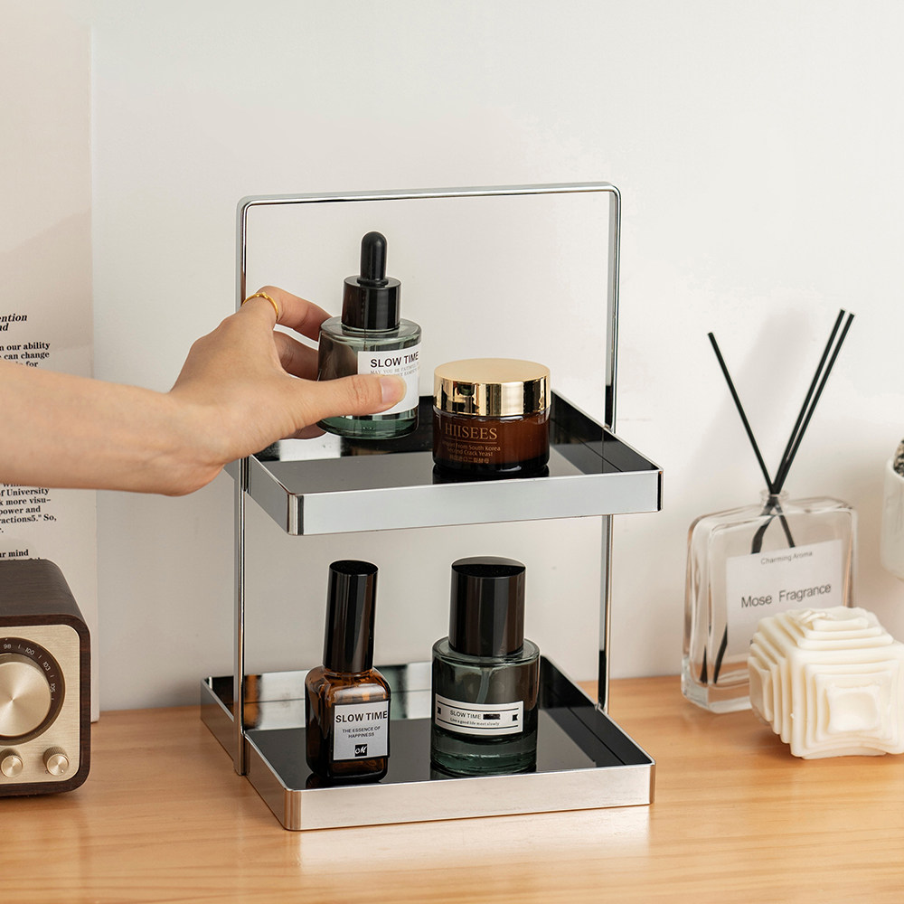 轻奢亮银黑色多功能桌面展示盘收纳架化妆品护肤品香水置物整理架