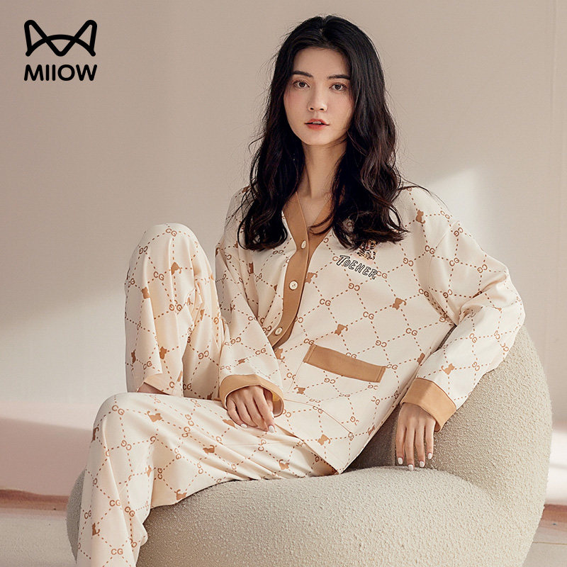 猫人纯棉睡衣女士春秋款长袖2024新款开衫秋冬季可外穿家居服套装
