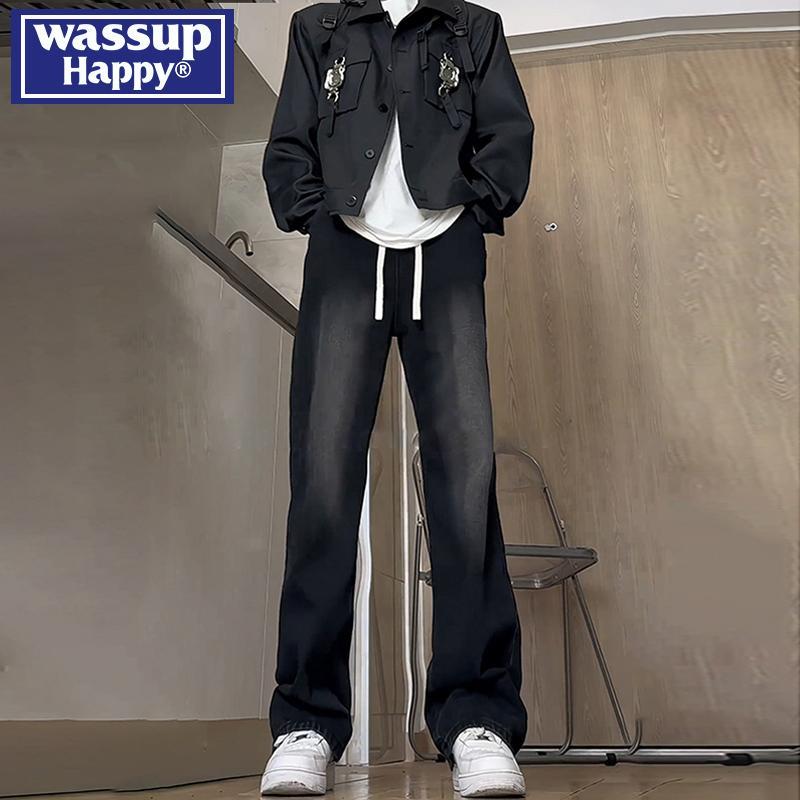 wassup happy黑色牛仔裤男款春秋夏季薄款青少年宽松直筒阔腿裤子