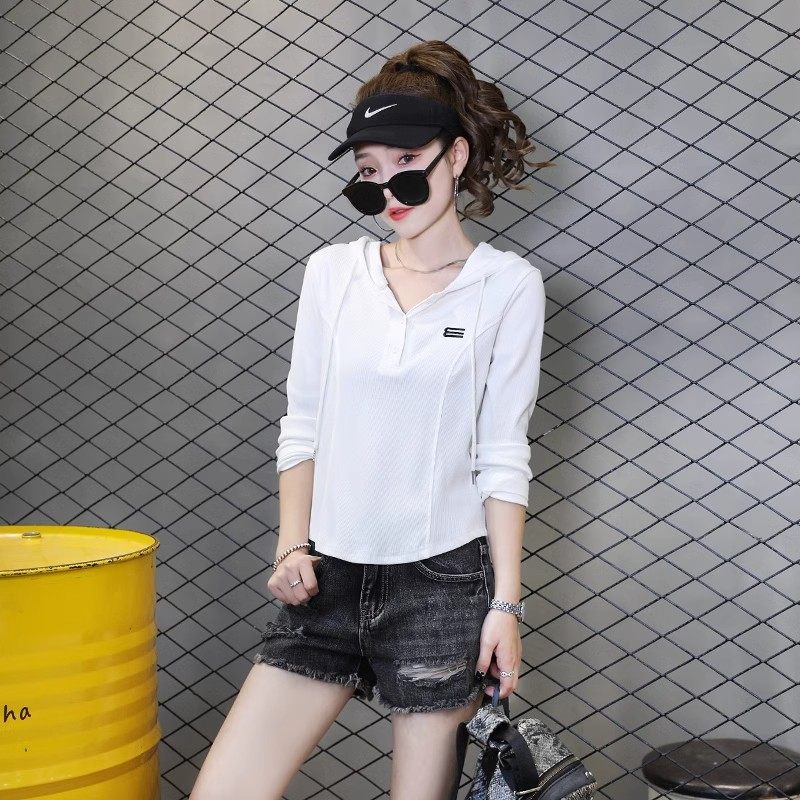 小个子春秋季连帽长袖t恤女百搭修身显瘦休闲刺绣卫衣打底衫上衣