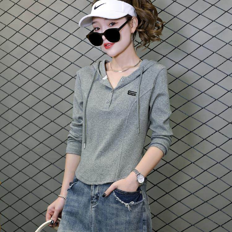 时尚连帽T恤卫衣女2026春秋季新款修身显瘦洋气百搭休闲长袖上衣