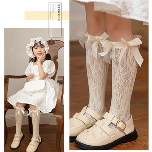 蕾丝花边儿童袜子日系甜美女童洛丽塔公主中筒镂空网眼女孩堆堆袜