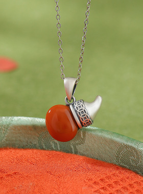 正品保真S925纯银南红复古做旧钱币福禄葫芦福字吊坠气质百搭挂坠