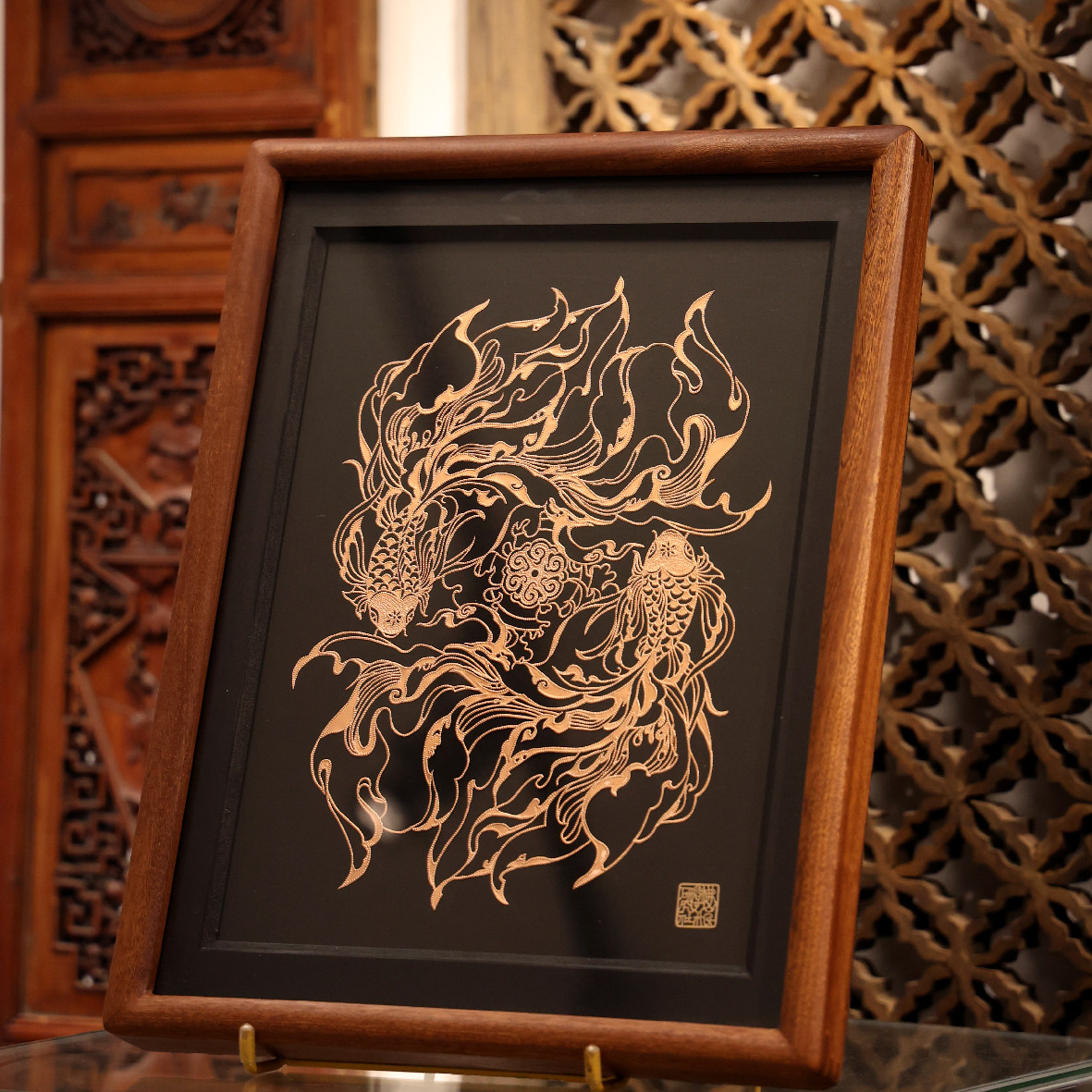 非遗文化佛山铜凿剪纸【 鱼跃鸢飞】纯手工岭南特色工艺品装饰画