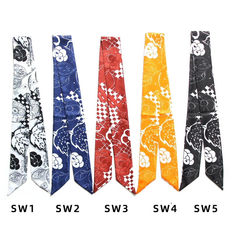 新款山茶花双面印花仿真丝斜纹绑包包手柄丝巾细长窄小丝带领巾女