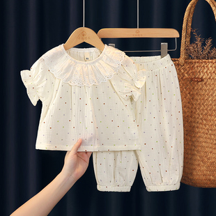 女童睡衣套装夏季薄款2026新款女孩纯棉纱布儿童居家服短袖两件套
