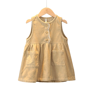 宝宝背心裙秋冬款韩版洋气女童纯棉灯芯绒连衣裙小女孩无袖连体裙