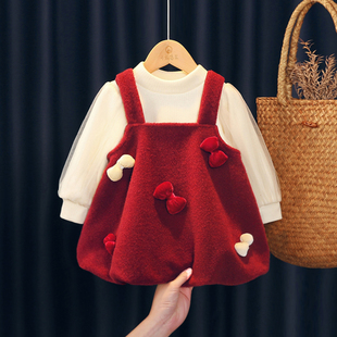女孩红色毛呢背带裙儿童洋气好看加绒两件套 2025新款 女童冬装 套装