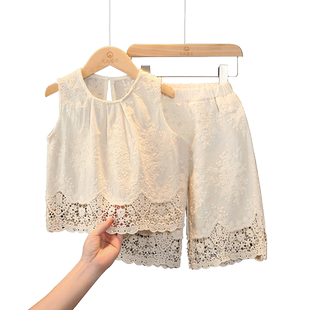 女童夏季套装2026新款洋气时髦韩系女孩甜美蕾丝宝宝纯棉休闲宽松