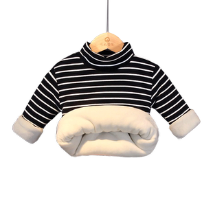 宝宝加绒打底衫冬婴儿夹棉加厚条纹男女童高领打底衣儿童保暖上衣