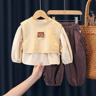 女童套装春秋季新款森系小女孩洋气好看穿搭儿童针织马甲三件套装