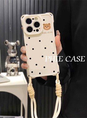 iPhone14波点小熊四角开孔苹果13斜挎手腕挂绳12ProMax适用16防摔华为Mate70透明15plus手机壳软红米k80ins风