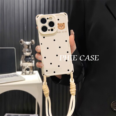 iPhone14波点小熊四角开孔苹果13斜挎手腕挂绳12ProMax适用16防摔华为Mate70透明15plus手机壳软红米k80ins风