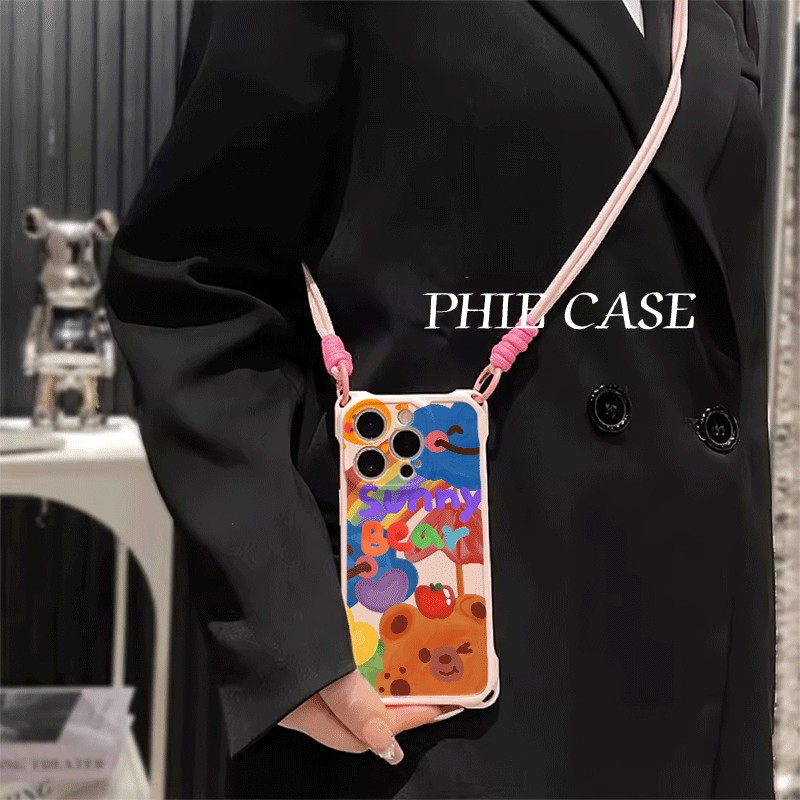 华为Mate70阳光油画小熊iPhone16透明15ProMax手腕挂绳荣耀x70i手机壳软苹果14plus四角开孔13斜挎适用防摔12
