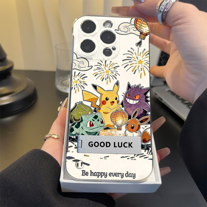 皮卡丘耿鬼iPhone14硬卡通13ProMax适用15透明12pm动漫无边框苹果16plus带支架17超薄红米TURBO5高级感手机壳