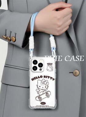 kt猫滑板iPhone15plus手机壳软14四角开孔苹果13斜挎手腕挂绳12ProMax适用16e防摔透明荣耀POWER可爱VIVOx90s