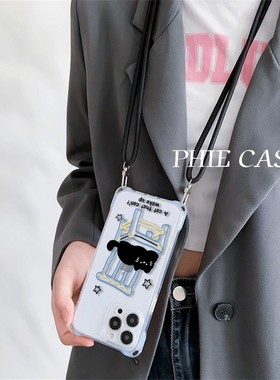 iPhone13凳子小黑猫斜挎真我gt7pro适用防摔12手腕挂绳16透明15ProMax手机壳软苹果14plus四角开孔华为Mate70