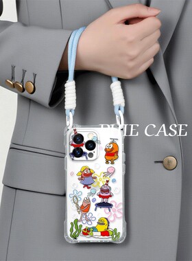 iPhone14开心比奇堡居民华为NOVA11四角开孔13ProMax卡通16斜挎手腕挂绳苹果12适用防摔透明15plus手机壳软a5