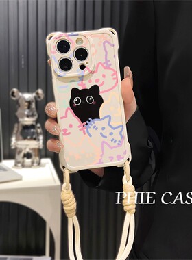 iPhone16防摔透明15ProMax适用ins风黑色猫咪OPPOFindx8手机壳软14plus四角开孔苹果13斜挎手腕挂绳12可爱s30