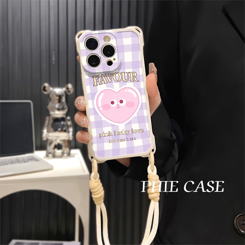 红米note14四角开孔苹果13斜挎手腕挂绳12ProMax适用OPPOFindx8爱心格纹表情iPhone16防摔透明15plus手机壳软