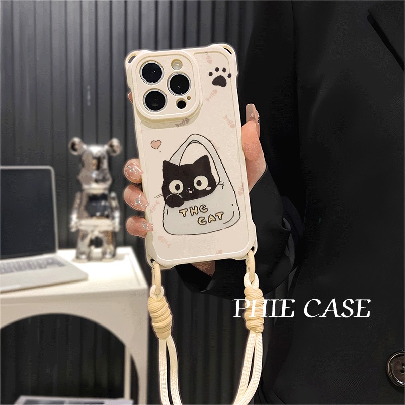iPhone14四角开孔苹果13斜挎手腕挂绳12ProMax适用ins购物口袋黑猫16防摔透明15plus手机壳软荣耀300可爱x200