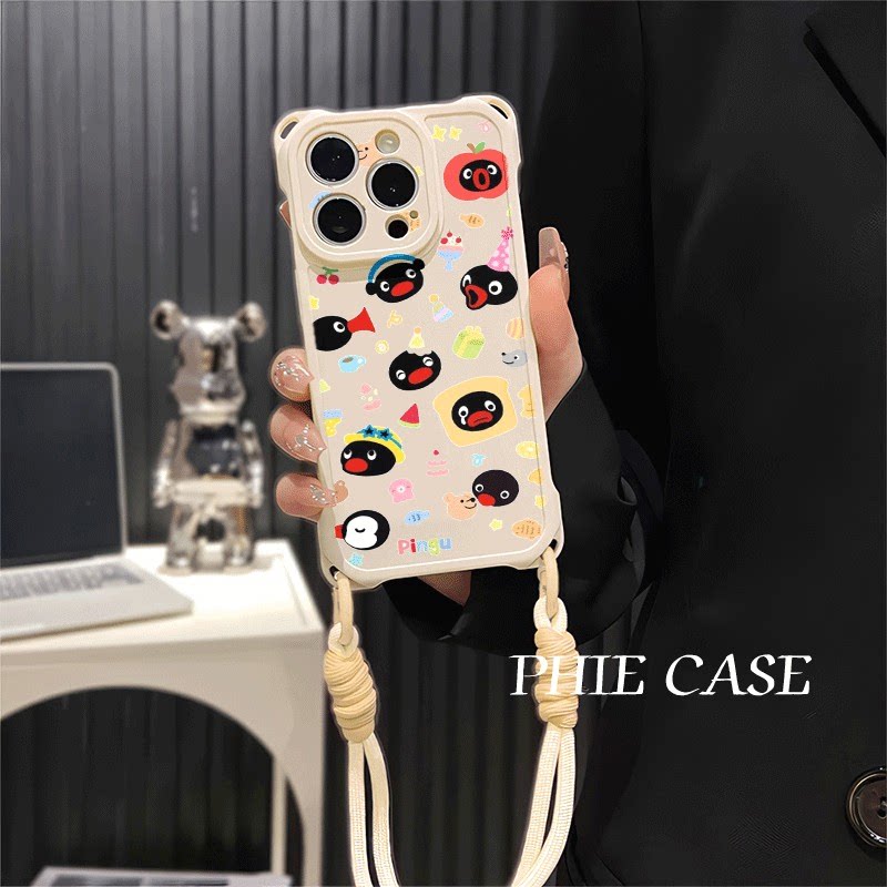 OPPOReno14防摔15plus手机壳软12ProMax适用一加ACE5企鹅家族排队iPhone17四角开孔13透明苹果16斜挎手腕挂绳