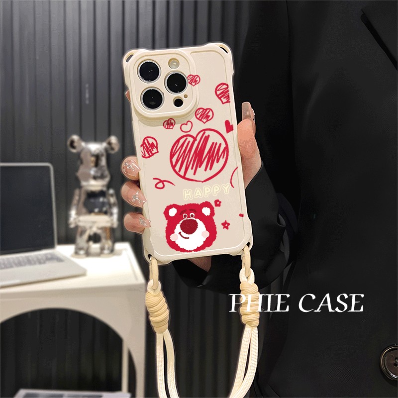 16plus手机壳软红米note14四角开孔苹果13斜挎手腕挂绳iPhone12防摔透明15ProMax适用爱心草莓熊x200少女心a5
