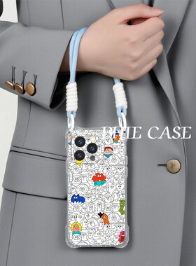 iPhone16防摔透明15plus手机壳软14趣味卡通涂鸦华为Mate70四角开孔苹果13斜挎手腕挂绳12ProMax适用荣耀x70u