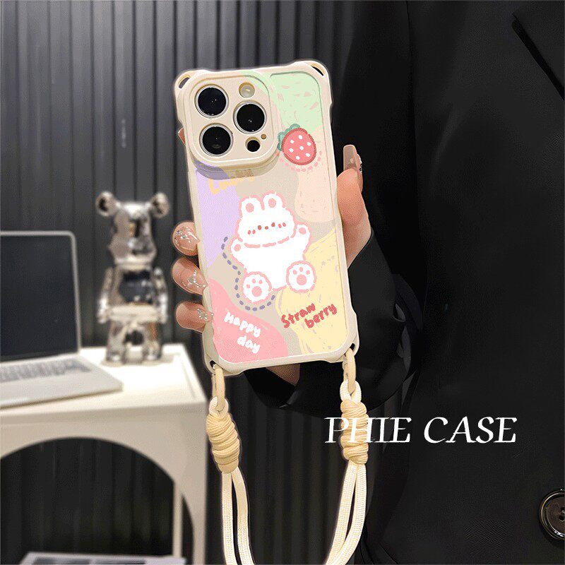 草莓小熊苹果13斜挎手腕挂绳12ProMax适用iPhone少女心16防摔透明15plus手机壳软14四角开孔荣耀MAGIC7高颜值