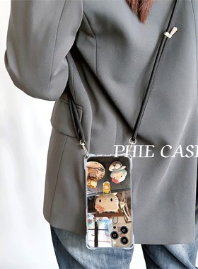 iPhone14四角开孔13ProMax饮料kt猫16斜挎手腕挂绳苹果12适用防摔透明15plus手机壳软华为Mate70少女心iQOOz9