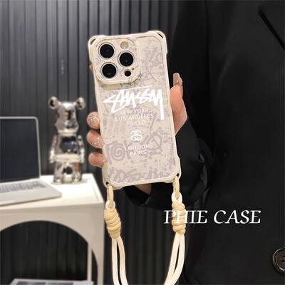 苹果13斯图西滑板iPhone16防摔透明15plus手机壳软14四角开孔真我gt7pro斜挎手腕挂绳12ProMax适用s17t高级感