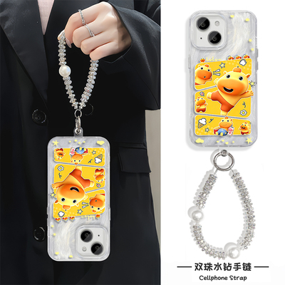 苹果15pm高级感华为PURA90可爱华为NOVA16羽纱适用iPhone14PLUS手机壳卡通小米17ProMax硬带挂绳开心水豚噜噜