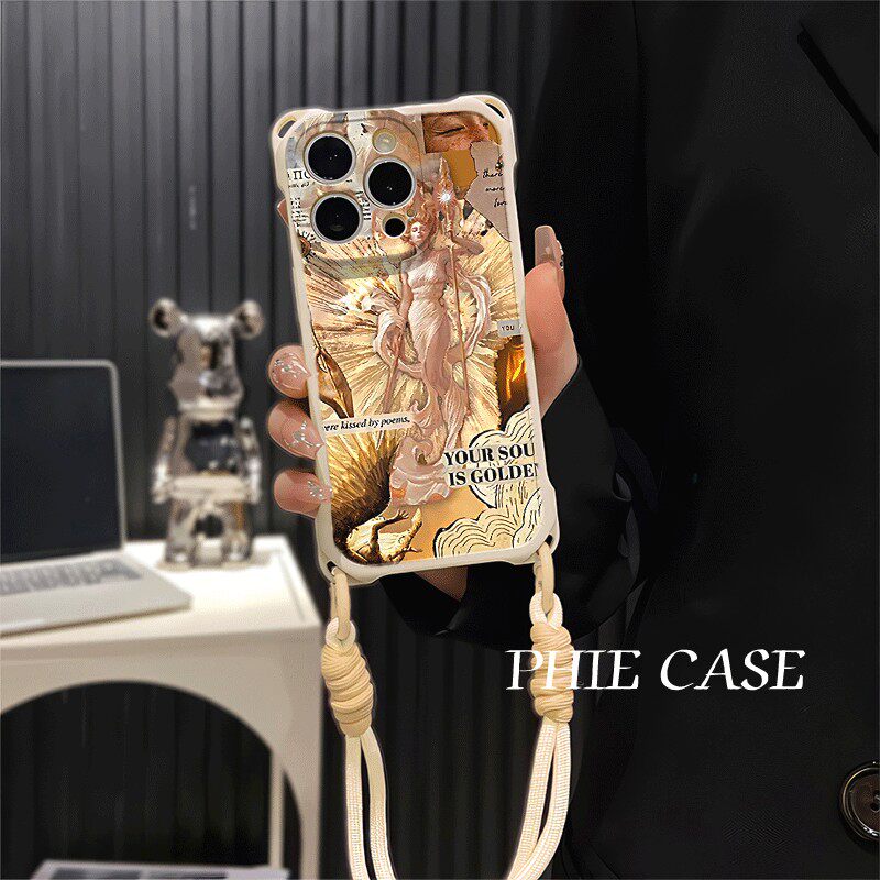 苹果16plus透明适用防摔12ProMax艺术金色女神iPhone13斜挎手腕挂绳15手机壳软华为NOVA14四角开孔荣耀MAGIC7