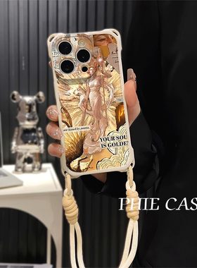 苹果16plus透明适用防摔12ProMax艺术金色女神iPhone13斜挎手腕挂绳15手机壳软华为NOVA14四角开孔荣耀MAGIC7