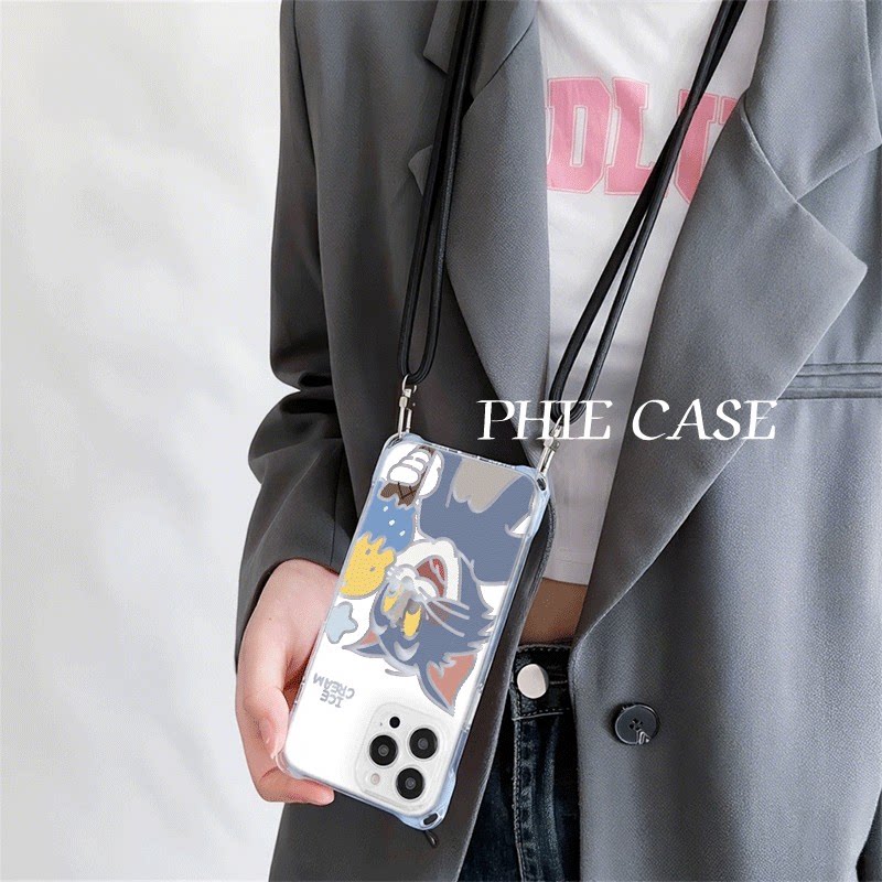 iPhone13透明苹果16斜挎手腕挂绳14防摔15plus手机壳软12ProMax适用华为Mate70情侣冰淇淋汤姆小米17四角开孔