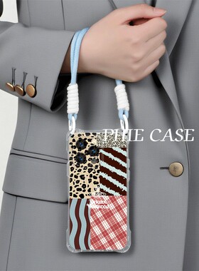 苹果16斜挎手腕挂绳12适用17防摔15plus蓝色豹纹拼接真我NEO7TURBO手机壳软iPhone14四角开孔13ProMax透明s30