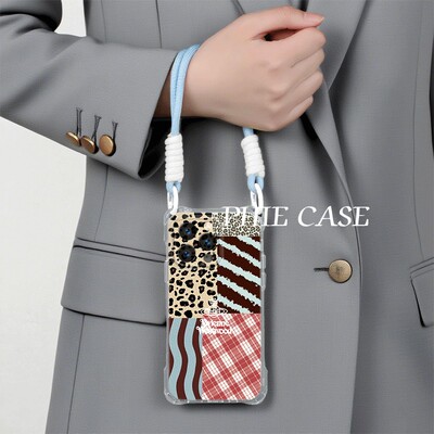 苹果16斜挎手腕挂绳12适用17防摔15plus蓝色豹纹拼接真我NEO7TURBO手机壳软iPhone14四角开孔13ProMax透明s30