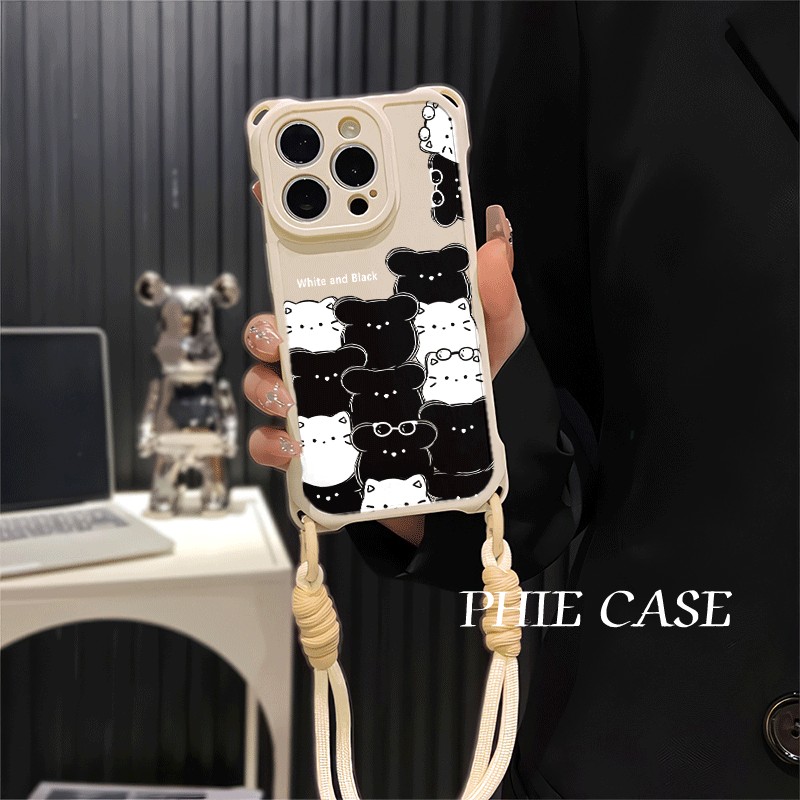创意黑白猫苹果16plus斜挎手腕挂绳荣耀MAGIC8四角开孔13透明17ProMax适用iPhone14防摔OPPOReno15手机壳软12