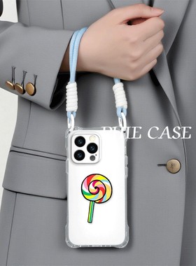 华为NOVA14四角开孔13ProMax彩虹棒棒糖iPhone16斜挎手腕挂绳12适用防摔OFindx8透明苹果15plus手机壳软清新