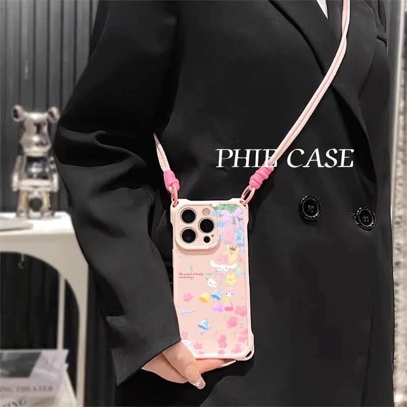 一加13透明苹果16斜挎手腕挂绳小米14防摔15plus少女心手机壳软12ProMax适用风铃kt猫iPhone17四角开孔小清新