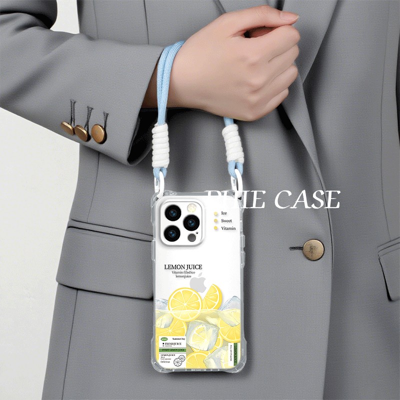 iPhone16防摔透明15plus冰镇柠檬华为Mate60手机壳软14四角开孔苹果13斜挎手腕挂绳12ProMax适用a58小清新s30