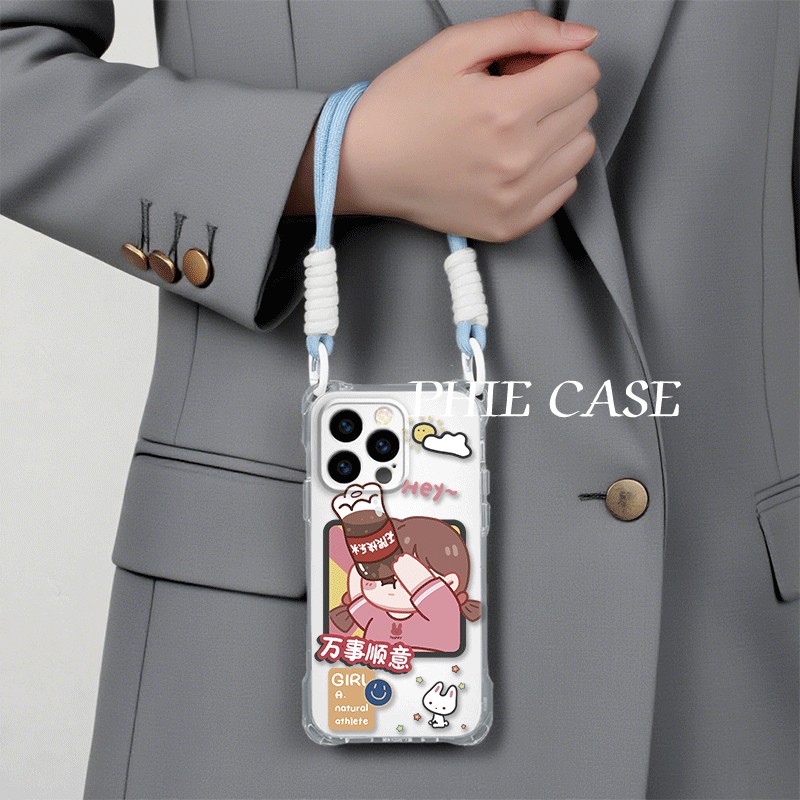 喝可乐女孩17ProMax适用14防摔iPhone15plus手机壳软12四角开孔13少女心荣耀500透明苹果16e斜挎手腕挂绳可爱