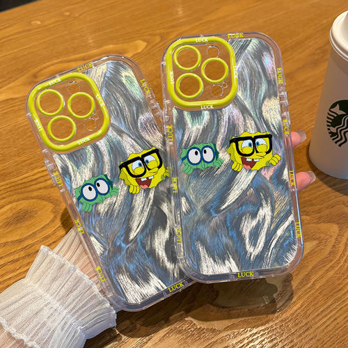 iPhone17泡芙羽纱OPPOA6PRO卡通15Plus手机壳软16ProMax眼镜海绵宝宝一加ACE5适用14可爱苹果13创意VIVOx300s