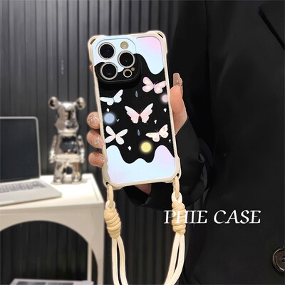 OPPOFindx8透明15plus手机壳软14四角开孔苹果13斜挎手腕挂绳12ProMax适用创意奶油蝴蝶iPhone16防摔x200女款