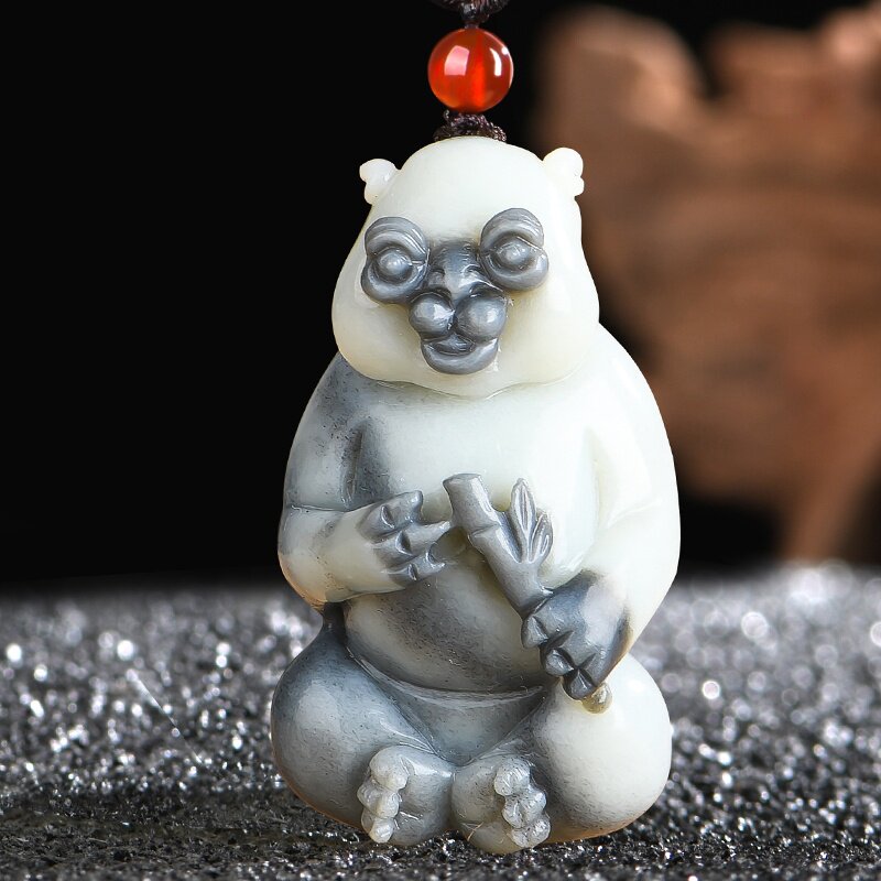 佳媛玉业孤品新疆和田玉青花立体熊猫玉吊坠 男女士款玉坠玉石