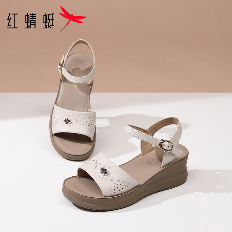 红蜻蜓女士厚底增高坡跟凉鞋女款新款夏季夏天真皮软底妈妈鞋外穿