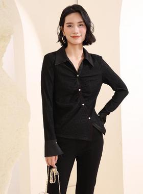 盈达品牌女装百搭黑色长袖衬衫秋冬新品宽松休闲上衣 4DB5N2621