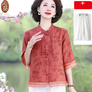 妈妈七分袖新款衬衫大码棉麻亚麻上衣高端50岁中老年女装夏季套装
